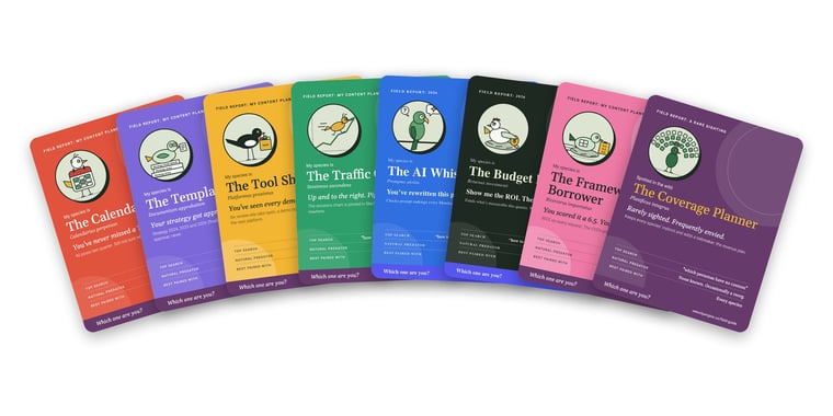 The eight content planner species from the Field Guide: Calendar Keeper, Template Collector, Tool Shopper, Traffic Chaser, AI Whisperer, Budget Defender, Framework Borrower and Coverage Planner